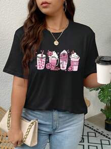 SHEIN LUNE Plus Cartoon Graphic Tee - Black - View 4