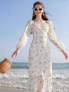 印花燈籠袖荷葉邊連衣裙 - 彩色 - 查看 8