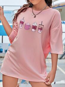 SHEIN EZwear Áo thun nữ Hoạt hình Giải trí - Hồng - Xem 3