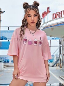 SHEIN EZwear Áo thun nữ Hoạt hình Giải trí - Hồng - Xem 4