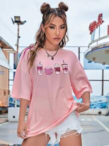 SHEIN EZwear Áo thun nữ Hoạt hình Giải trí - Hồng - Xem 6