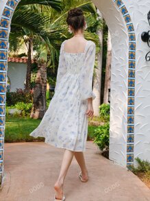 Floral Print Ruched Bust Lantern Sleeve Dress