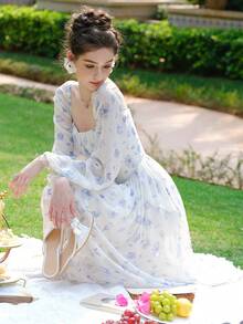 Floral Print Ruched Bust Lantern Sleeve Dress - Blue and White - View 4