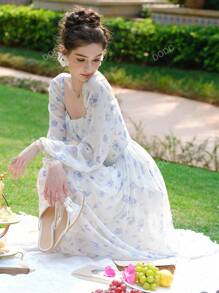 Floral Print Ruched Bust Lantern Sleeve Dress