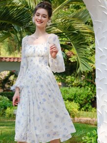 Floral Print Ruched Bust Lantern Sleeve Dress