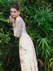 Floral Print Ruched Bust Lantern Sleeve Dress - Blue and White - View 7