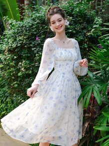 Floral Print Ruched Bust Lantern Sleeve Dress