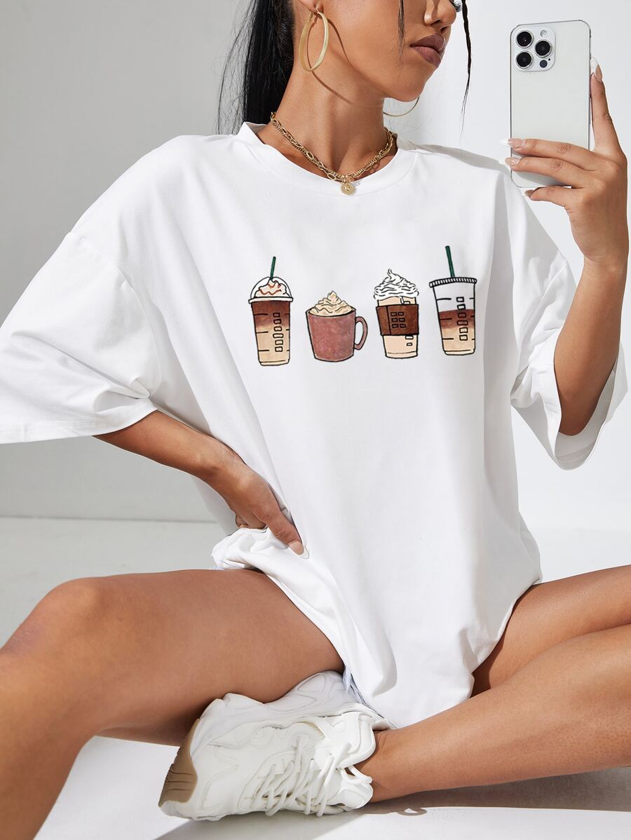 SHEIN EZwear 飲料印花落肩袖超大號T恤 - 白色 - 查看 1
