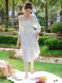 Floral Print Ruched Bust Lantern Sleeve Dress