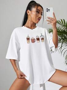 SHEIN EZwear 飲料印花落肩袖超大號T恤 - 白色 - 查看 4