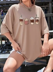 INAWLY Áo thun oversize in hình cà phê trễ vai, áo thun họa tiết cho nữ, unisex - Màu be - Xem 5