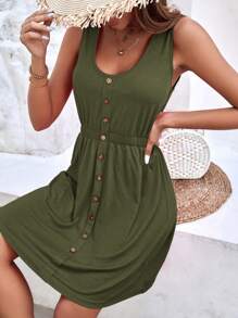 SHEIN LUNE Đầm Nút màu trơn Giải trí - xanh quân đội - Xem 1