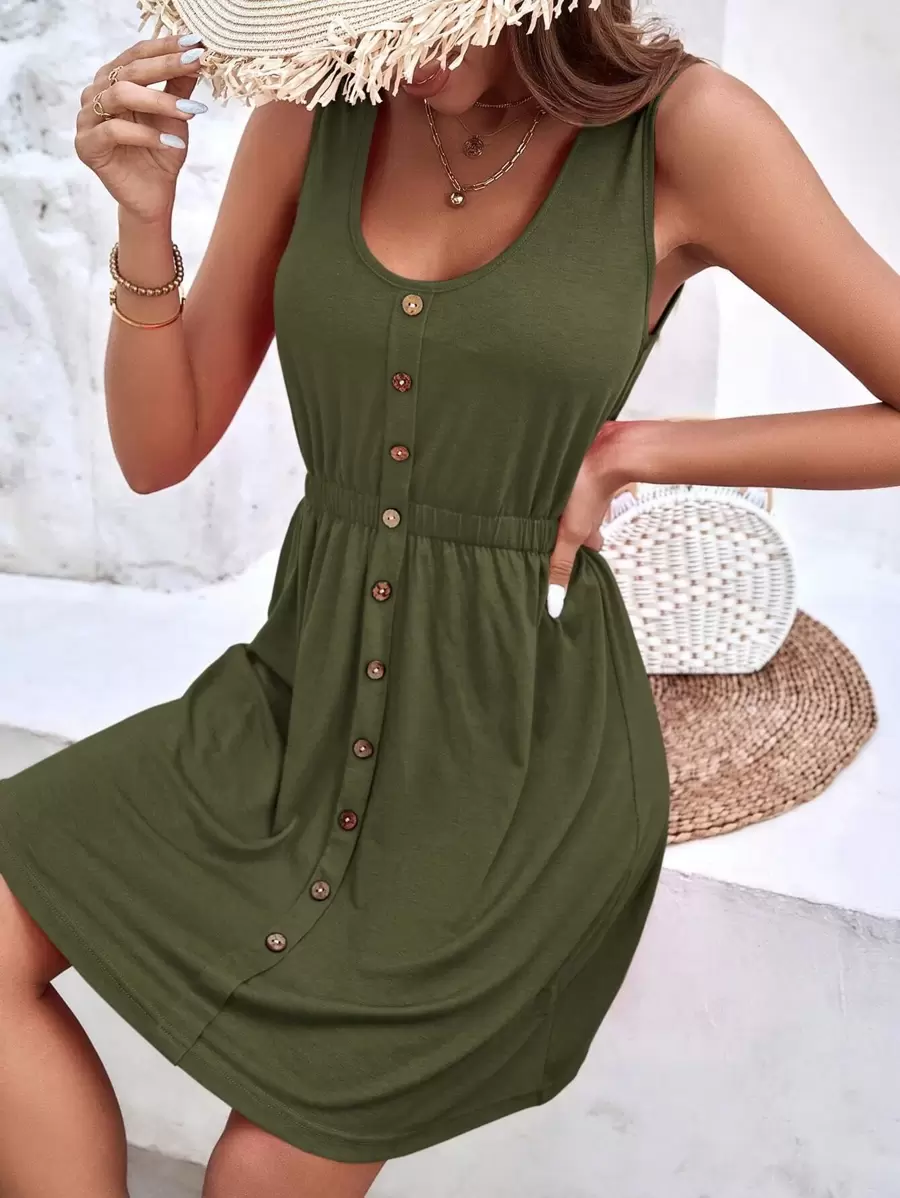 SHEIN LUNE Đầm Nút màu trơn Giải trí - xanh quân đội - Xem 1