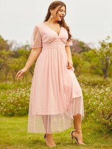 S BETRO 大碼波點網紗覆蓋泡泡袖洋裝 - 粉色 - 查看 5