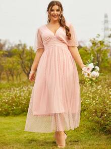 S BETRO 大碼波點網紗覆蓋泡泡袖洋裝 - 粉色 - 查看 6