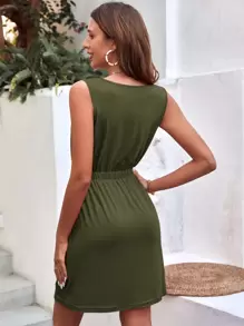 SHEIN LUNE Đầm Nút màu trơn Giải trí - xanh quân đội - Xem 2