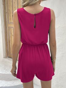 SHEIN LUNE 素色腰上打結斜口袋連身短褲 - 玫紅色 - 查看 2