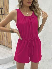 SHEIN LUNE 素色腰上打結斜口袋連身短褲 - 玫紅色 - 查看 5