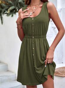 SHEIN LUNE Đầm Nút màu trơn Giải trí - xanh quân đội - Xem 4