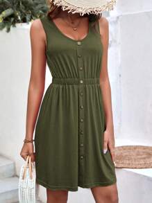 SHEIN LUNE Đầm Nút màu trơn Giải trí - xanh quân đội - Xem 5