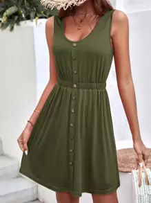 SHEIN LUNE Đầm Nút màu trơn Giải trí - xanh quân đội - Xem 6