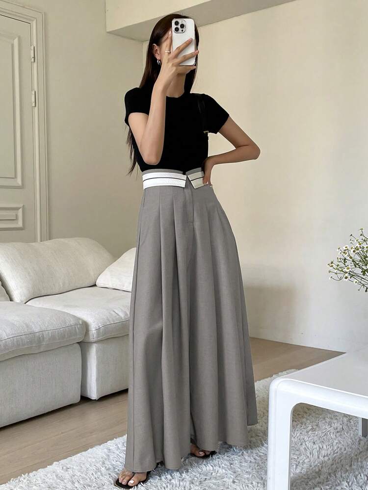 High Waist Fold Pleated Detail Wide Leg Skirt