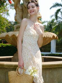 Ditsy Floral Print Ruffle Trim Cami Dress - Yellow - View 3