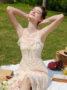 Ditsy Floral Print Ruffle Trim Cami Dress - Yellow - View 4