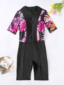 Bañador una pieza con estampado tropical con cremallera delantera - Negro - Ver 4