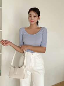 DAZY 素色大圓領條紋針織T恤 - 紫色 - 查看 4