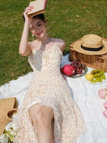 Ditsy Floral Print Ruffle Trim Cami Dress - Yellow - View 7