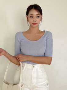 DAZY 素色大圓領條紋針織T恤 - 紫色 - 查看 1