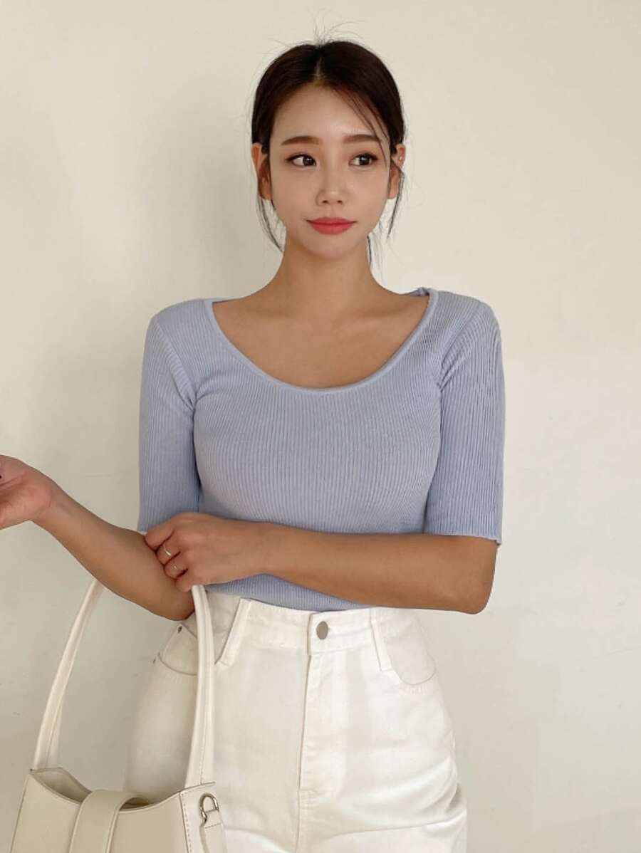 DAZY 素色大圓領條紋針織T恤 - 紫色 - 查看 1