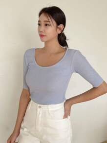 DAZY 素色大圓領條紋針織T恤 - 紫色 - 查看 6