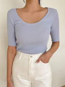 DAZY 素色大圓領條紋針織T恤 - 紫色 - 查看 7