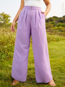 S BETRO Plus High Waist Plicated Detail Wide Leg Trousers - Lilac Purple - View 1