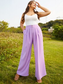 S BETRO Plus High Waist Plicated Detail Wide Leg Trousers - Lilac Purple - View 4