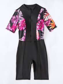 Bañador una pieza con estampado tropical con cremallera delantera - Negro - Ver 3