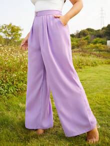 S BETRO Plus High Waist Plicated Detail Wide Leg Trousers - Lilac Purple - View 7