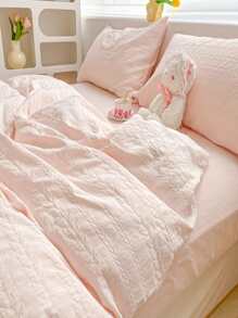 4 Cái/bộ Jacquard Duvet Cover Set Without Filler (1 Duvet Cover & 2 Pillowcase & 1 Flat Sheet) Bộ Chăn Ga Gối Polyester Hiện Đại Cho Gia Đình - Màu Hồng baby - Xem 1
