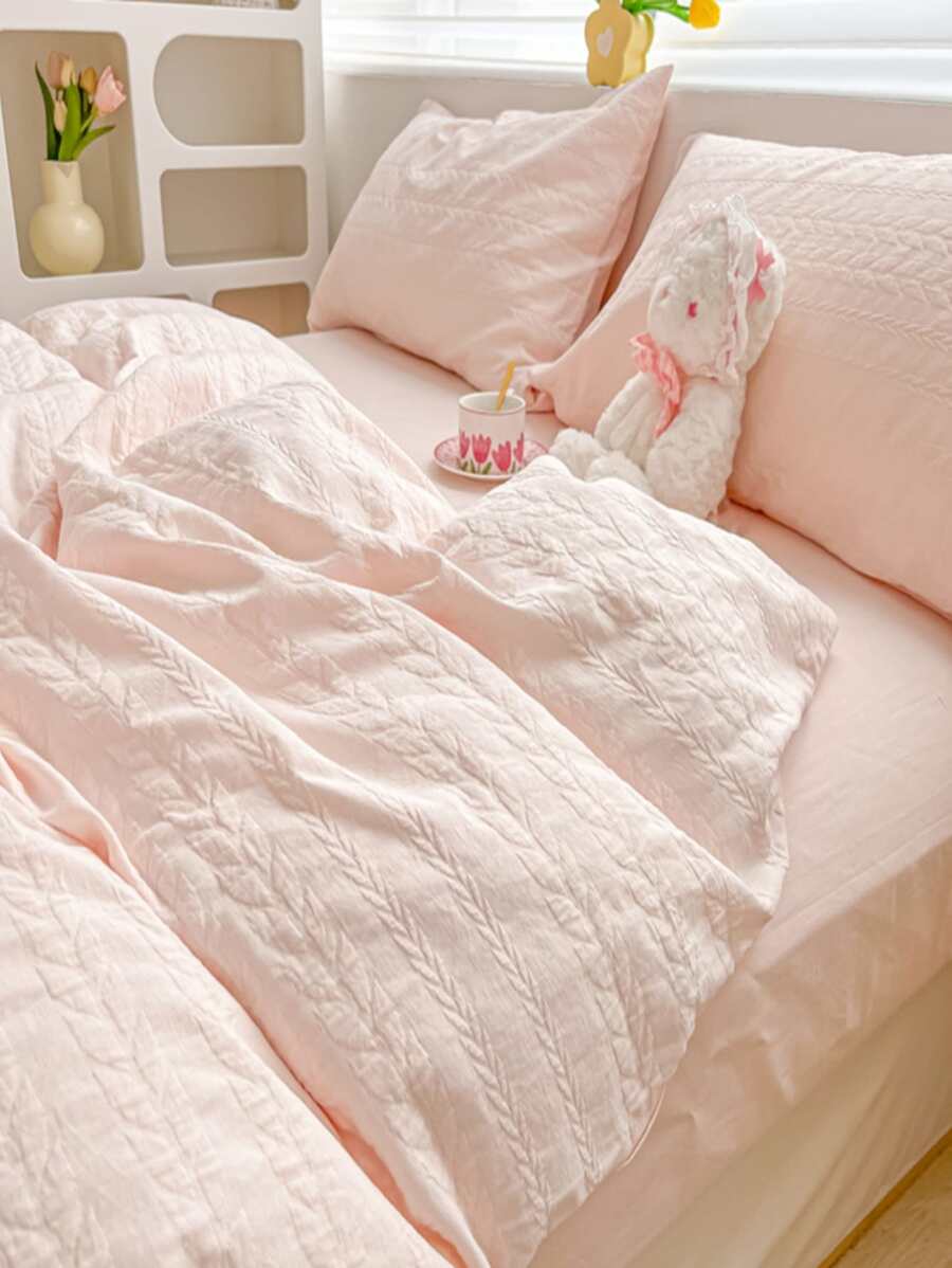 4 Cái/bộ Jacquard Duvet Cover Set Without Filler (1 Duvet Cover & 2 Pillowcase & 1 Flat Sheet) Bộ Chăn Ga Gối Polyester Hiện Đại Cho Gia Đình - Màu Hồng baby - Xem 1