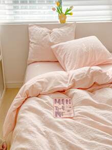 4 Cái/bộ Jacquard Duvet Cover Set Without Filler (1 Duvet Cover & 2 Pillowcase & 1 Flat Sheet) Bộ Chăn Ga Gối Polyester Hiện Đại Cho Gia Đình - Màu Hồng baby - Xem 2