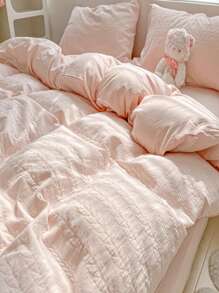 4 Cái/bộ Jacquard Duvet Cover Set Without Filler (1 Duvet Cover & 2 Pillowcase & 1 Flat Sheet) Bộ Chăn Ga Gối Polyester Hiện Đại Cho Gia Đình - Màu Hồng baby - Xem 3