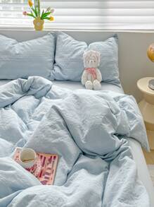 4 Cái/bộ Jacquard Duvet Cover Set Without Filler (1 Duvet Cover & 2 Pillowcase & 1 Flat Sheet) Bộ Chăn Ga Gối Polyester Hiện Đại Cho Gia Đình - Màu xanh nhạt - Xem 2