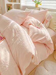 4 Cái/bộ Jacquard Duvet Cover Set Without Filler (1 Duvet Cover & 2 Pillowcase & 1 Flat Sheet) Bộ Chăn Ga Gối Polyester Hiện Đại Cho Gia Đình - Màu Hồng baby - Xem 4