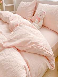 4 Cái/bộ Jacquard Duvet Cover Set Without Filler (1 Duvet Cover & 2 Pillowcase & 1 Flat Sheet) Bộ Chăn Ga Gối Polyester Hiện Đại Cho Gia Đình - Màu Hồng baby - Xem 5