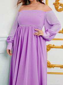 大碼一字肩燈籠袖雪紡連衣裙 - 淡紫色 - 查看 3