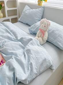 4 Cái/bộ Jacquard Duvet Cover Set Without Filler (1 Duvet Cover & 2 Pillowcase & 1 Flat Sheet) Bộ Chăn Ga Gối Polyester Hiện Đại Cho Gia Đình - Màu xanh nhạt - Xem 3