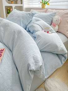 4 Cái/bộ Jacquard Duvet Cover Set Without Filler (1 Duvet Cover & 2 Pillowcase & 1 Flat Sheet) Bộ Chăn Ga Gối Polyester Hiện Đại Cho Gia Đình - Màu xanh nhạt - Xem 5