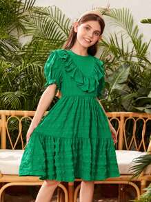 SHEIN Girls Ruffle Trim Puff Sleeve Dress - Green - View 3